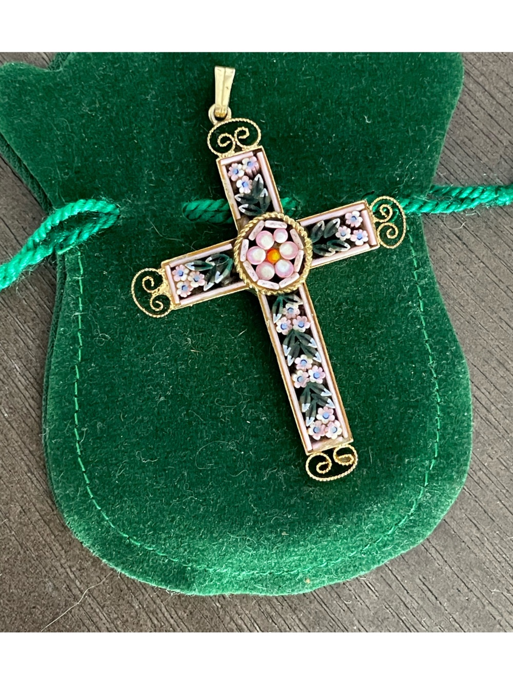 Gold-Tone Floral Micro-Mosaic Cross Pendant Necklace in Pink & Green